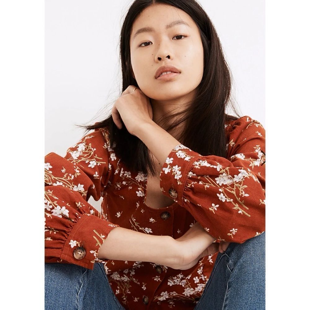 Madewell Corduroy Shirred-Sleeve Button-Front Top in Farmstand Bouquet Size L - Picture 4 of 8